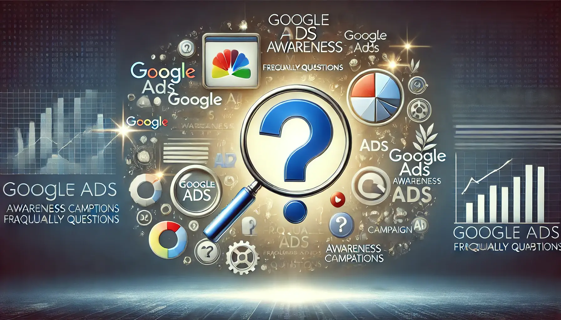 A digital marketing concept featuring a question mark icon at the center, surrounded by Google Ads-related elements like a magnifying glass, campaign graphs, and ad icons.