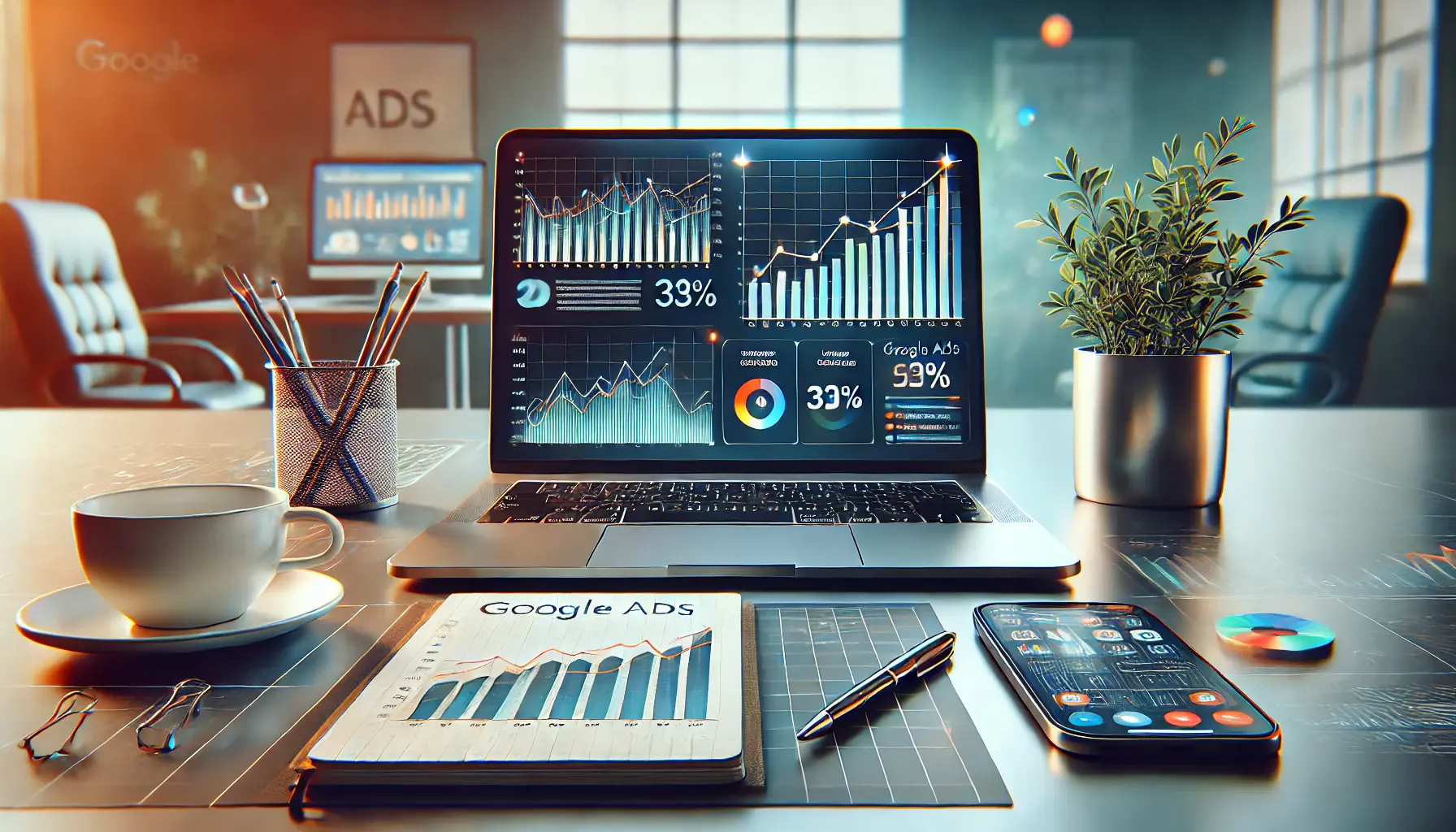 Modern workspace with a laptop displaying analytics charts, symbolizing Google Ads benchmarks.