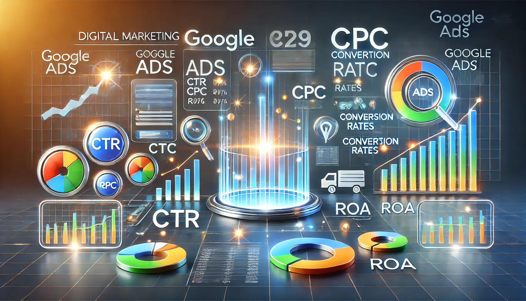 Dashboard layout summarizing Google Ads benchmarks with icons for CTR, CPC, Conversion Rates, and ROAS.