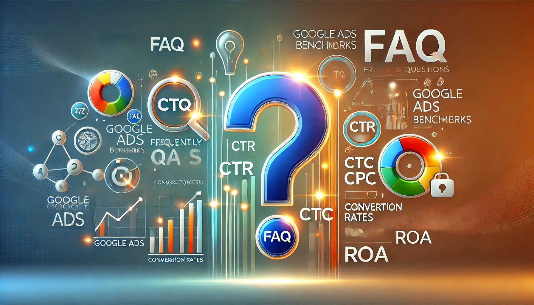 Icons of question marks alongside glowing metrics icons for CTR, CPC, Conversion Rates, and ROAS, surrounded by data visuals.