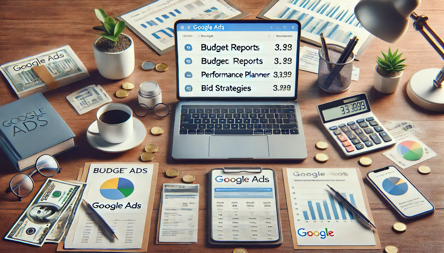 A workspace with a laptop displaying the Google Ads dashboard, showcasing budget reports, performance planner, and bid strategies, along with financial documents, a calculator, and a cup of coffee, illustrating the use of Google Ads tools for budgeting.