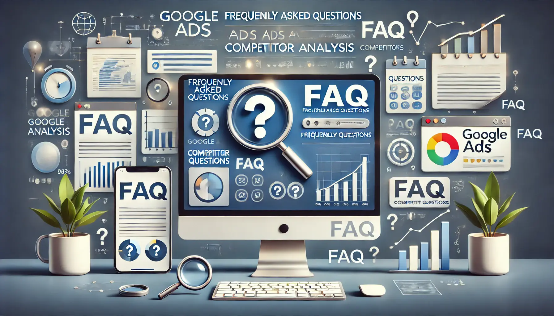 A modern workspace showing a computer screen with an analytics dashboard displaying charts, question mark icons, and inquiry symbols like magnifying glasses and search bars.