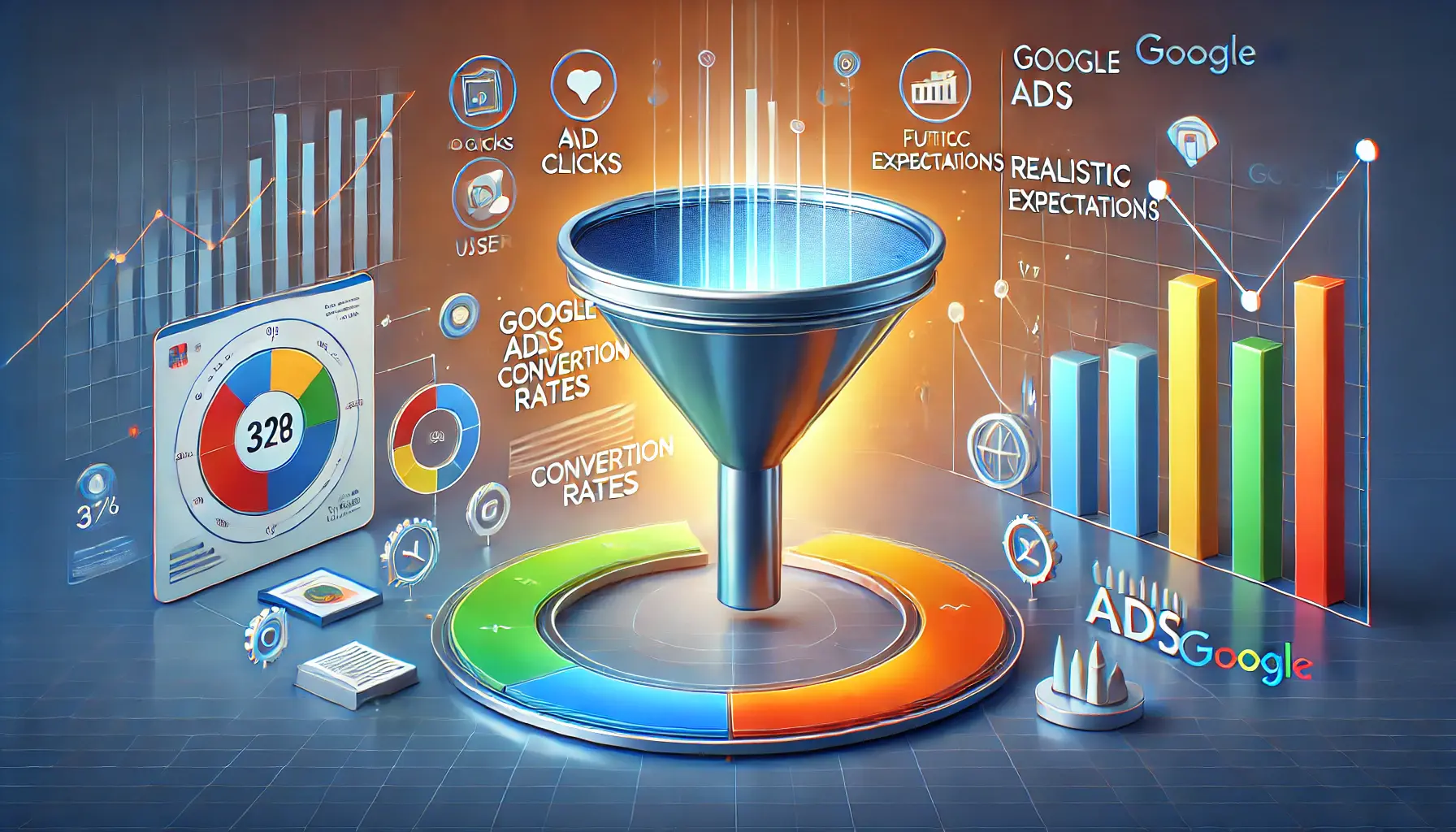 Funnel graphic with icons for ad clicks, user actions, and conversions, surrounded by data charts representing Google Ads conversion rates.