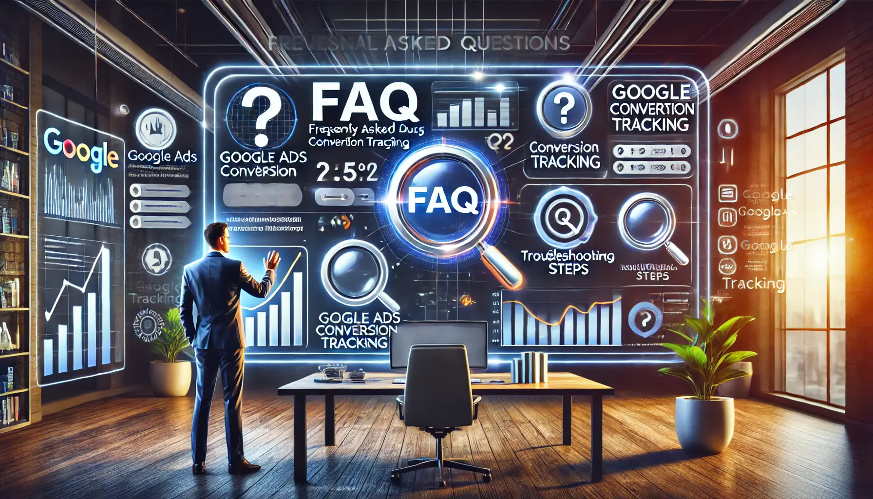 An image of a digital marketing professional interacting with a screen displaying conversion tracking metrics and FAQs.