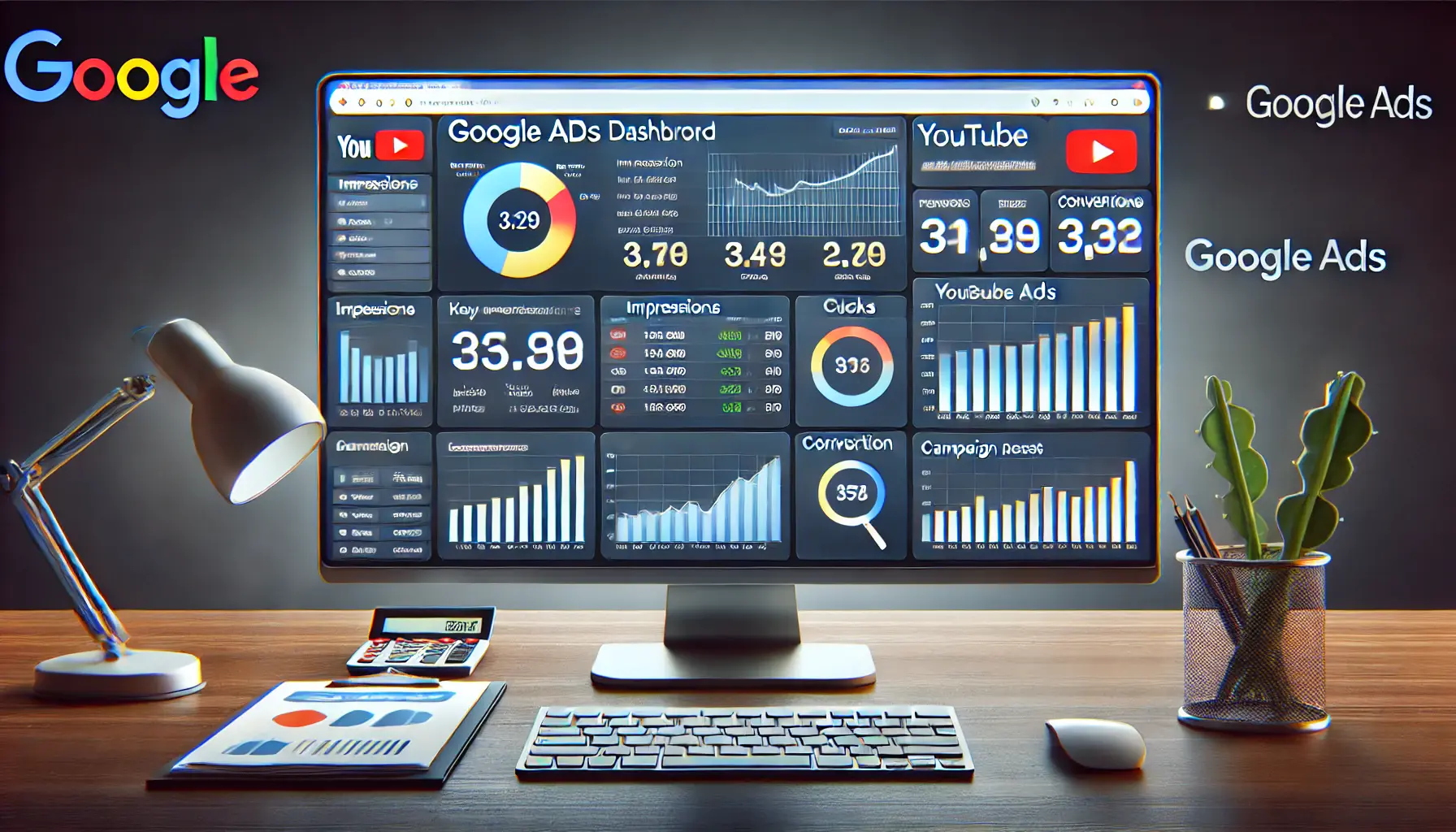 An illustration of a Google Ads Dashboard displaying key performance metrics such as impressions, clicks, conversions, and cost data.