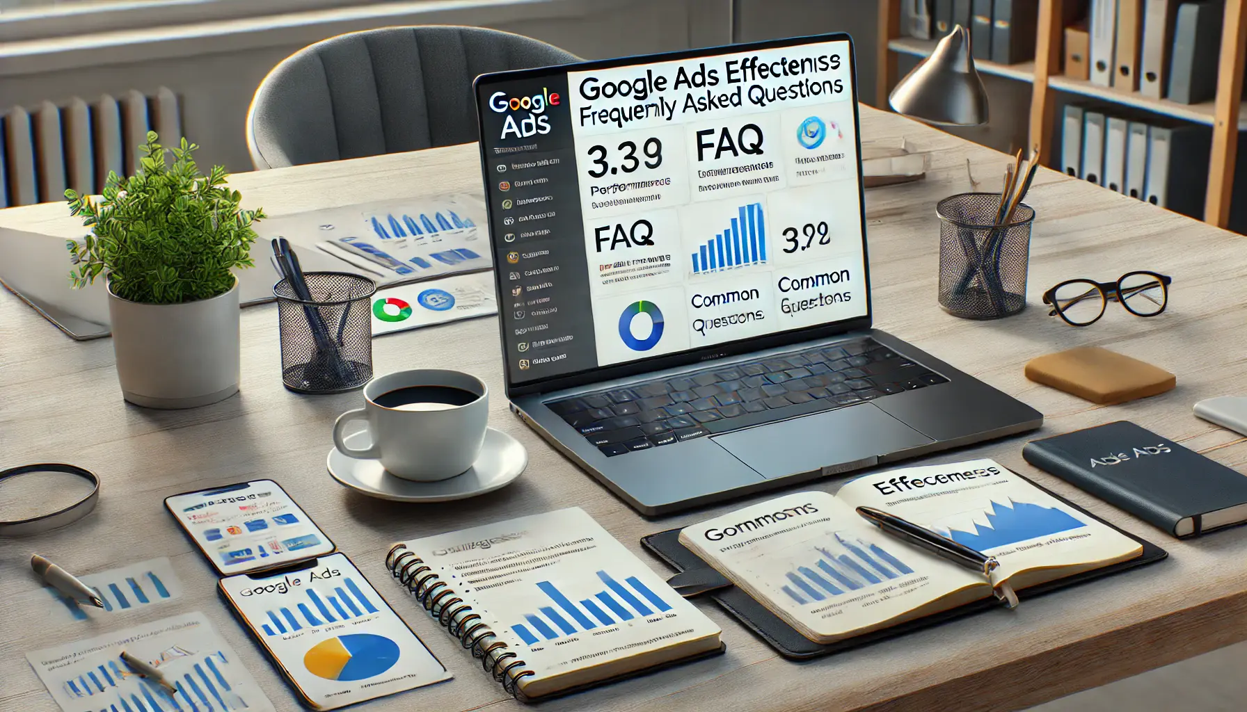 A laptop displaying a Google Ads dashboard with performance metrics, FAQs, and common queries, surrounded by a smartphone, notebook, coffee cup, and performance charts in a modern office setting.