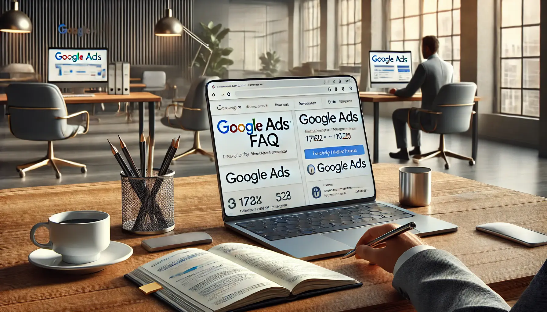 A digital marketer researching Google Ads information or answering frequently asked questions, with a laptop screen displaying the Google Ads dashboard, and a notebook, pen, and coffee cup on the desk in a modern office setting.