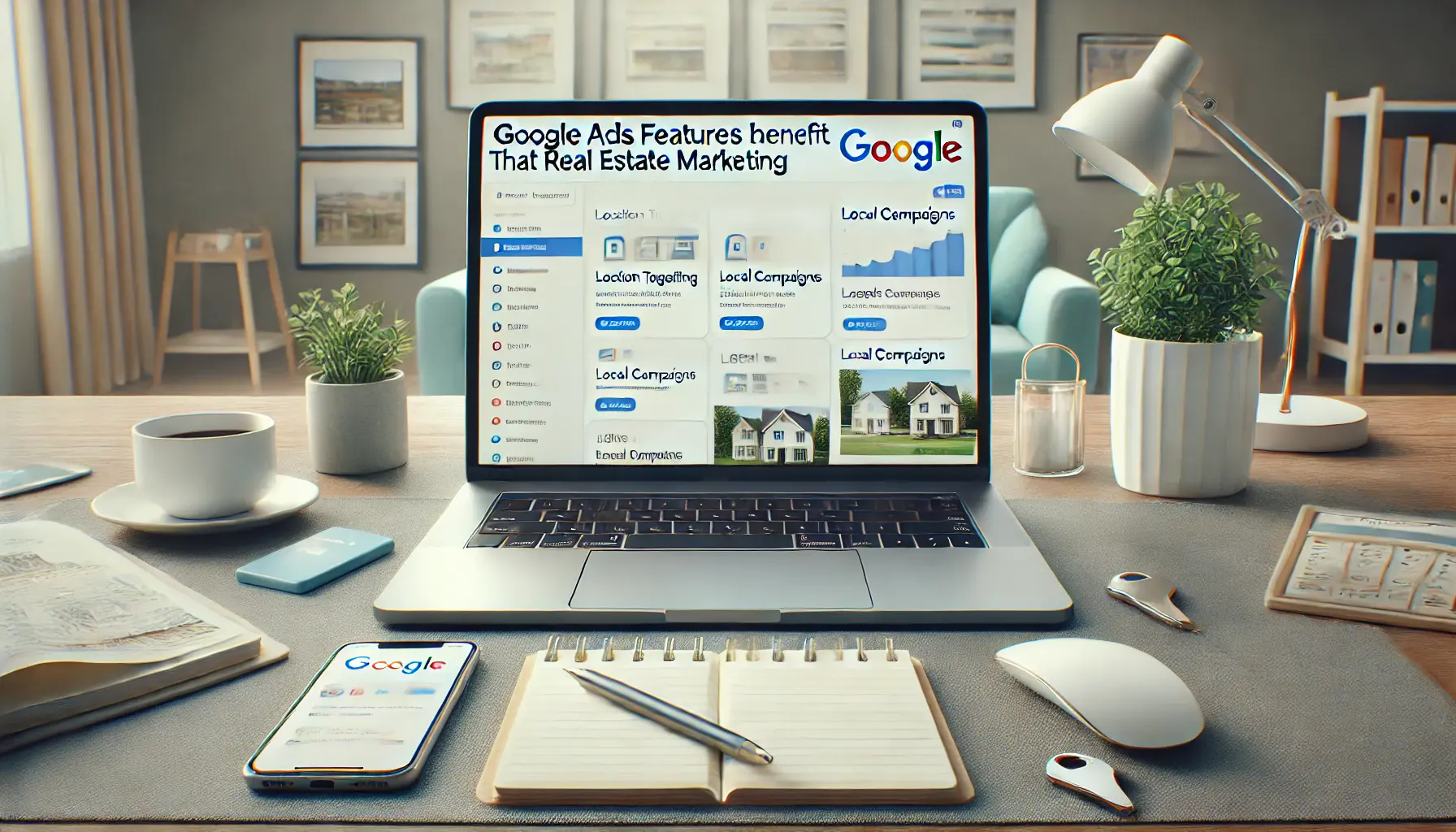 A digital marketing workspace with a laptop displaying Google Ads features such as location targeting, local campaigns, and image ads for real estate.