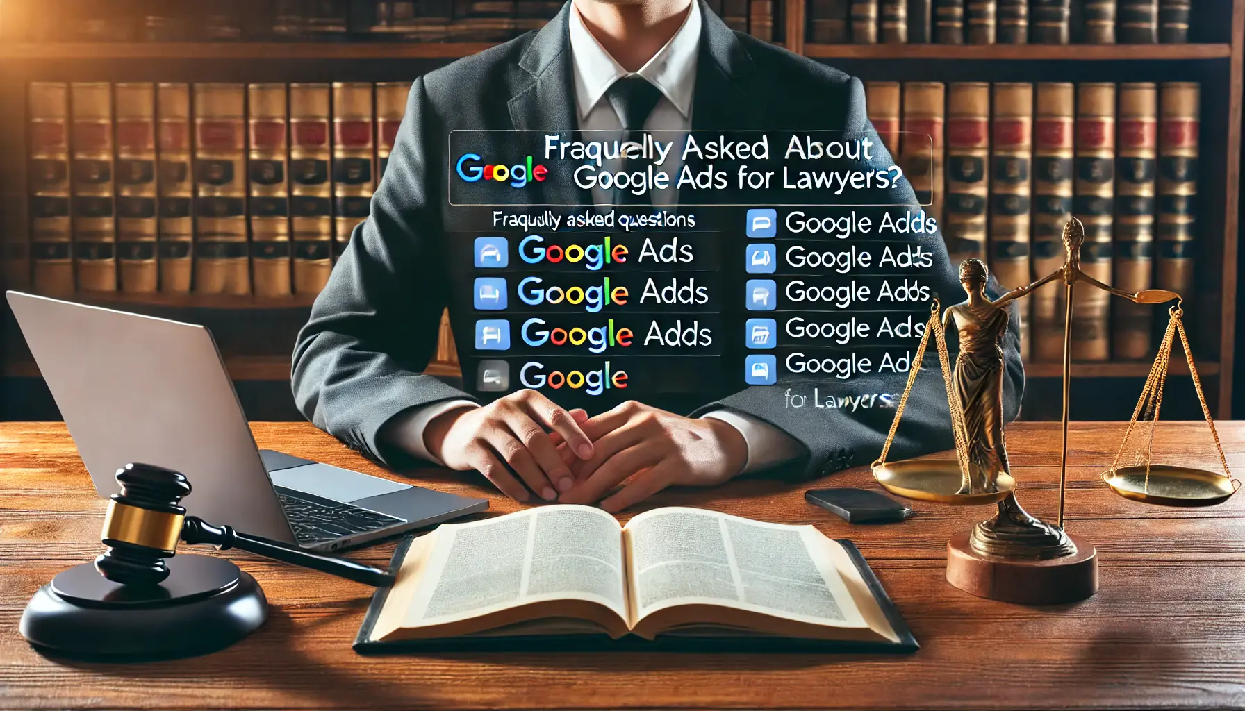 Illustration of a lawyer answering frequently asked questions about Google Ads for legal services, with law books and a gavel in the background.