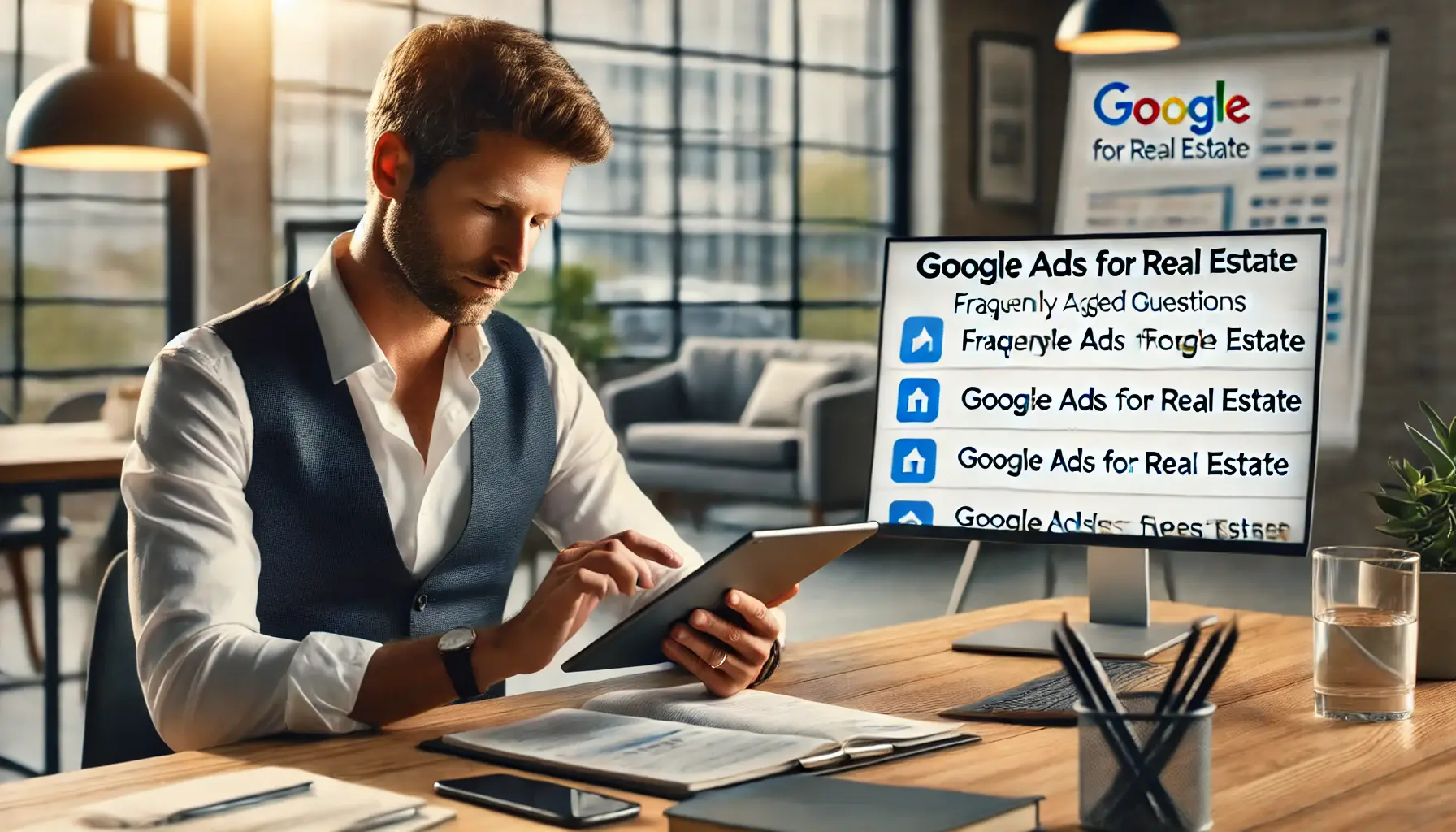 A real estate agent sitting at a desk, browsing through a tablet or laptop with frequently asked questions about Google Ads for real estate.