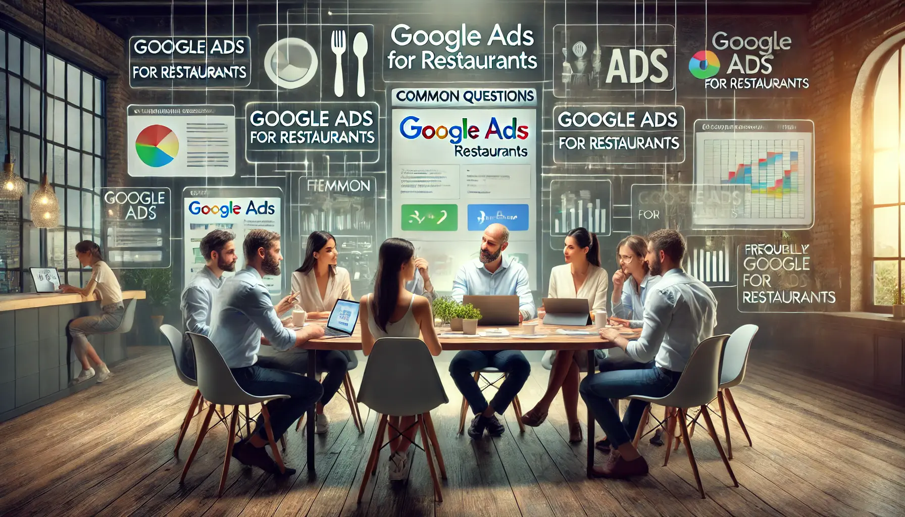 A restaurant marketing team discussing common questions about Google Ads for restaurants in a modern office.