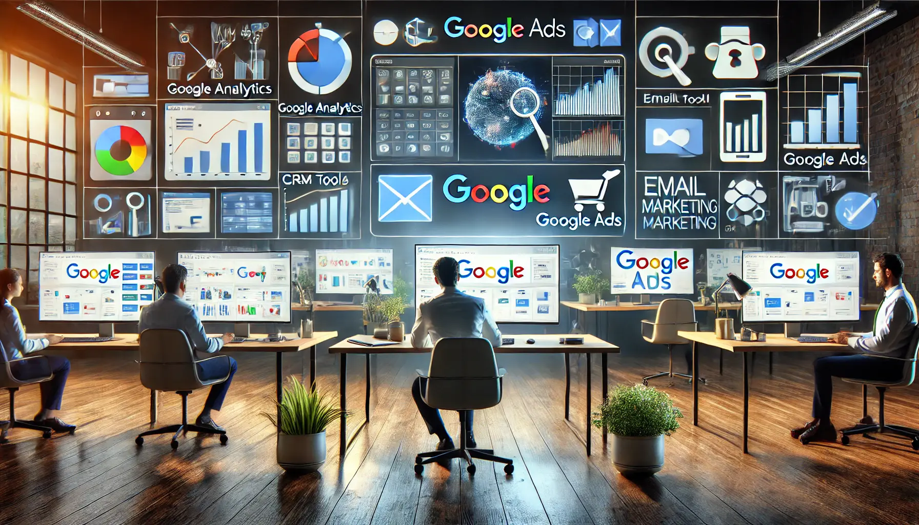 A marketer interacting with multiple screens displaying marketing platforms like Google Analytics, CRM tools, and email marketing, all connected to Google Ads.