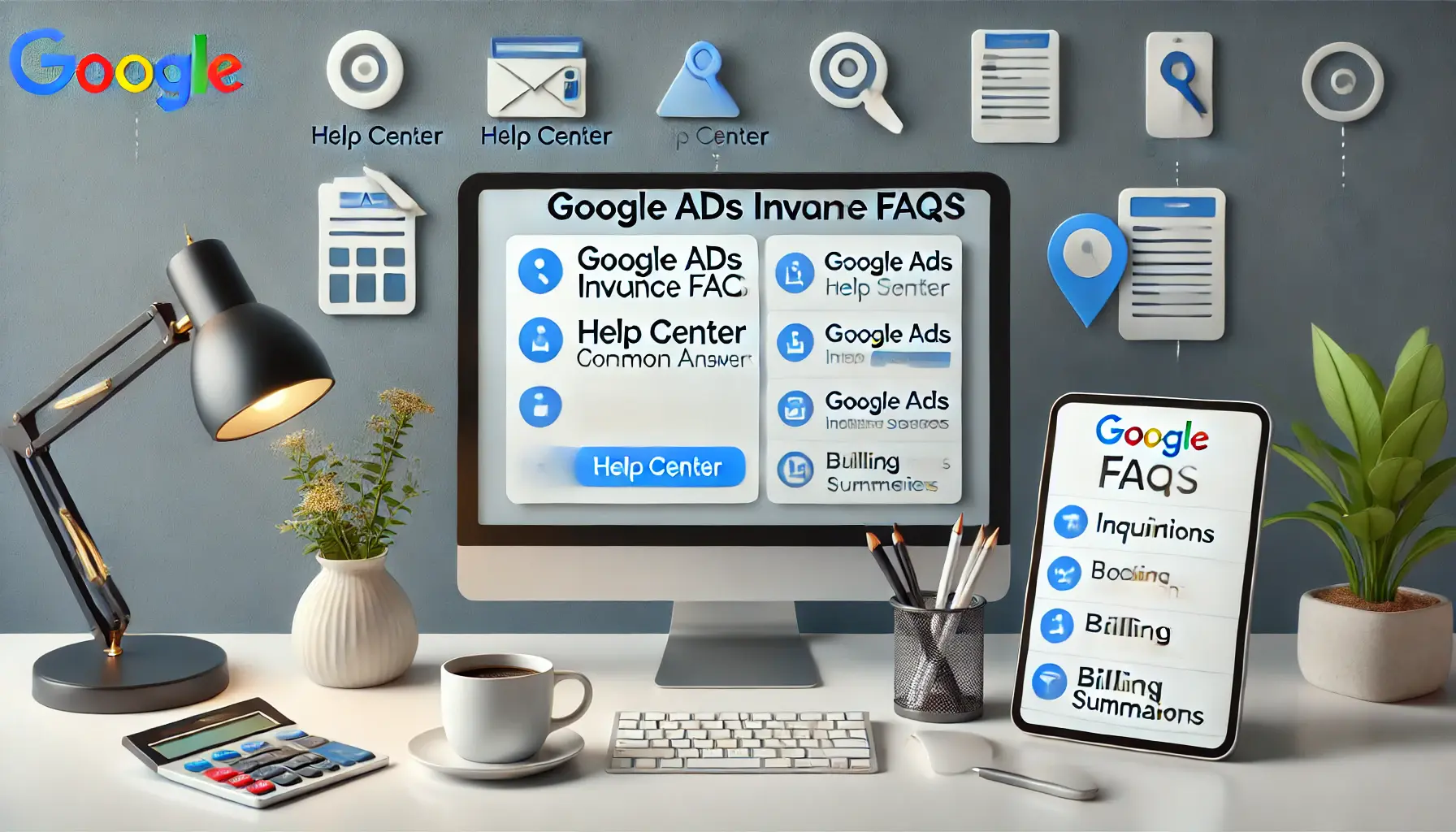 A workspace featuring a desktop screen displaying a help center interface with FAQs, a tablet showing billing summaries, and subtle icons symbolizing inquiries and solutions.