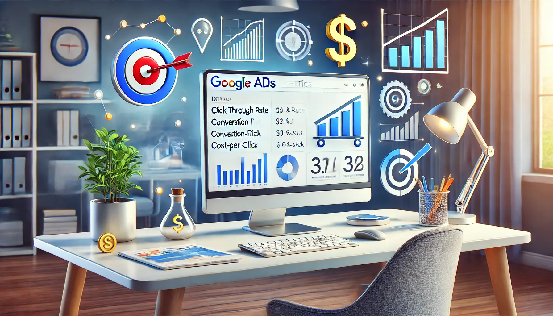 A workspace with a desktop screen displaying key Google Ads metrics like click-through rate, conversion rate, and cost-per-click.