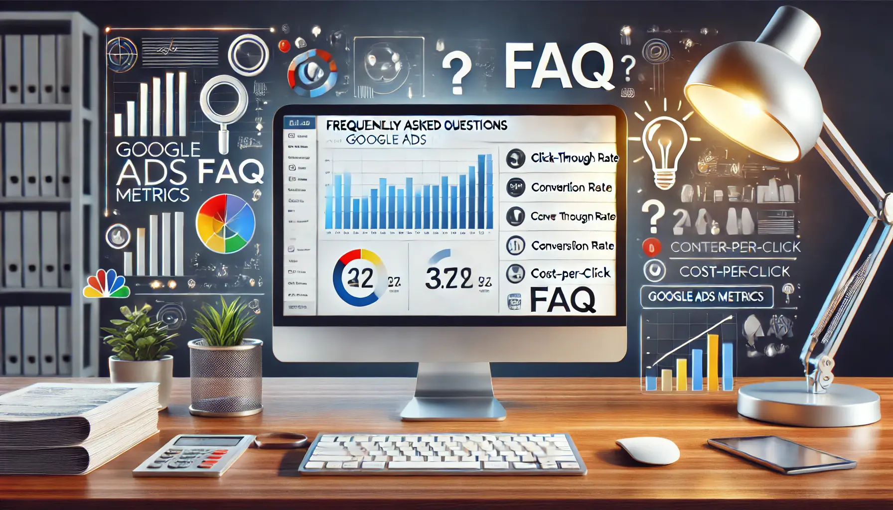 A workspace with a desktop displaying an analytics dashboard and symbolic icons like question marks and a magnifying glass, representing Google Ads FAQ.