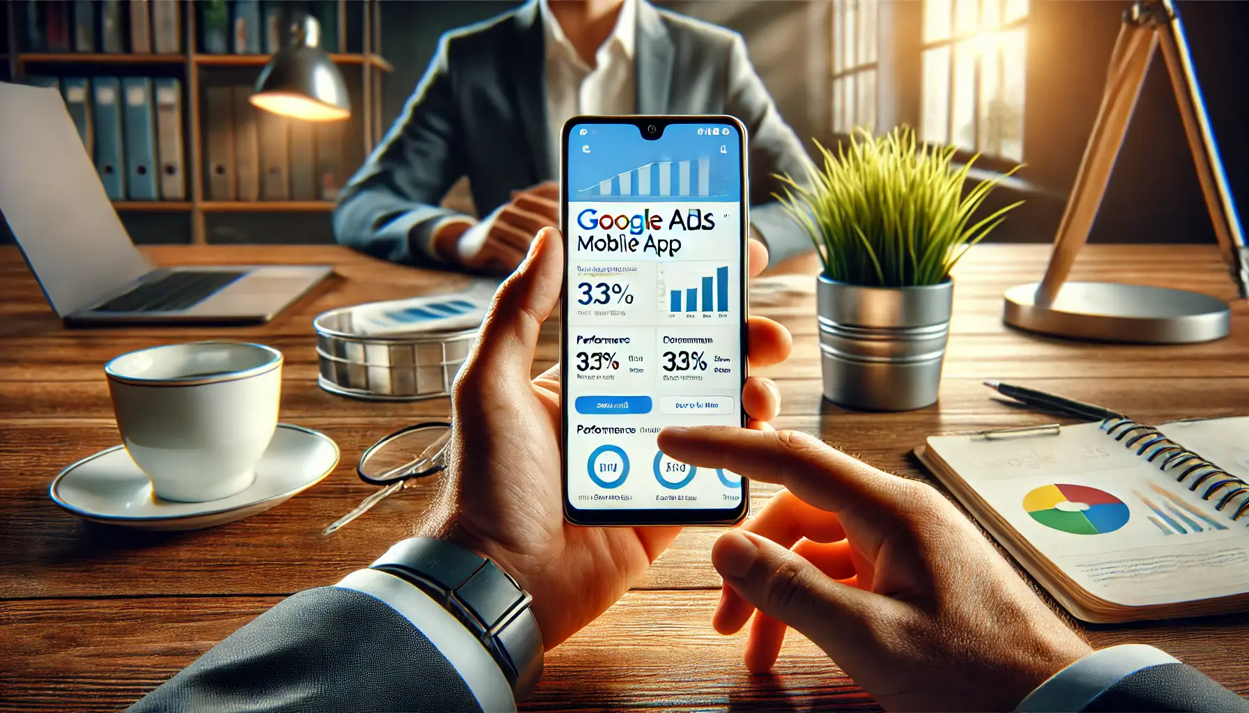 A business professional holding a smartphone with the Google Ads Mobile App interface displaying performance metrics and campaign insights.