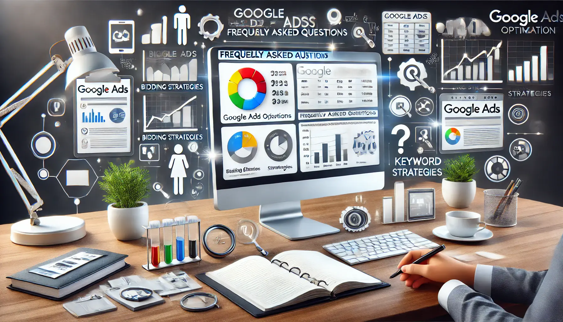 Illustration of a workspace with a computer displaying a Google Ads dashboard and visual icons symbolizing questions and answers.