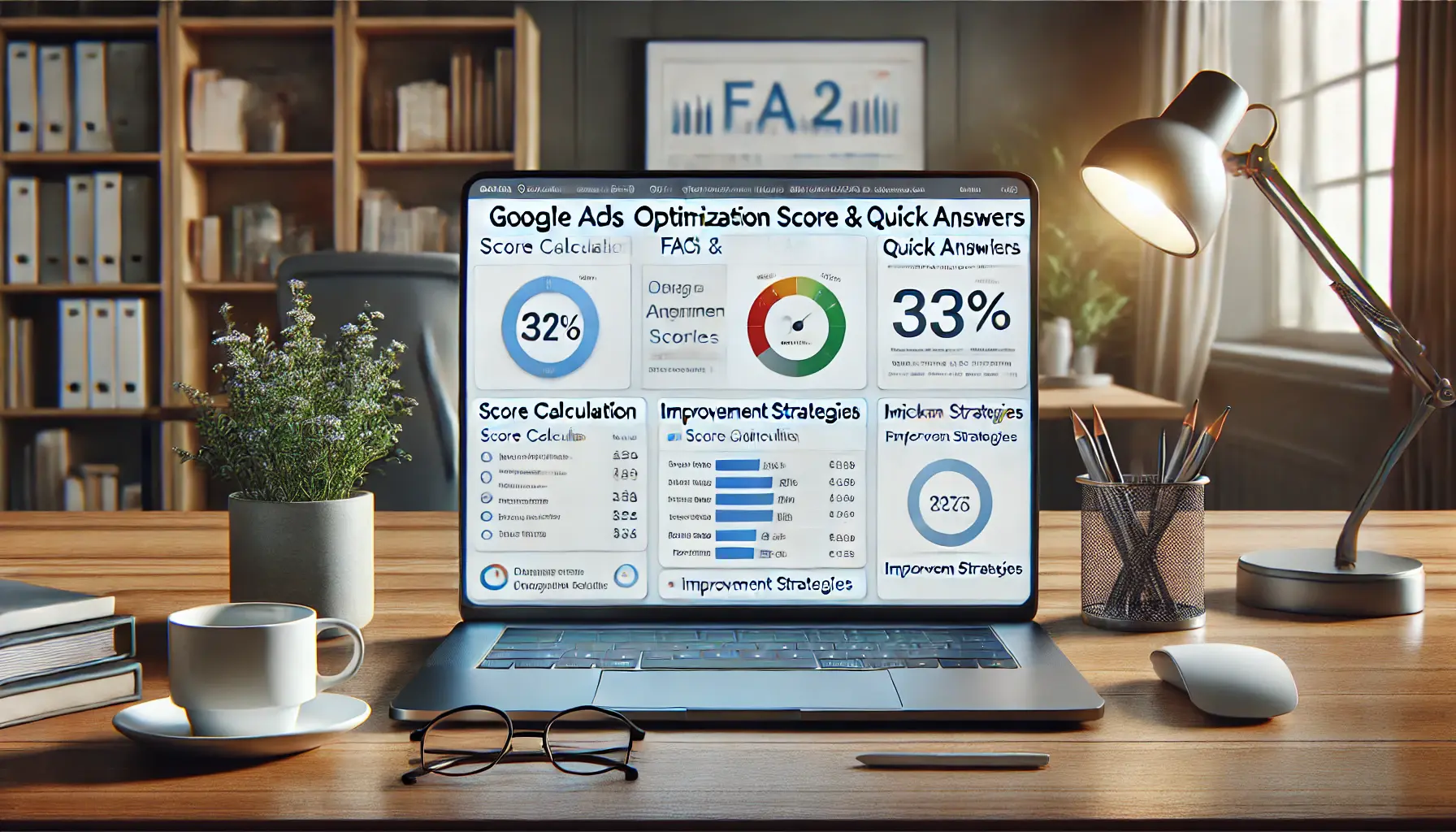 A business professional reviewing a laptop screen displaying a Google Ads interface with questions and answers about optimization scores.