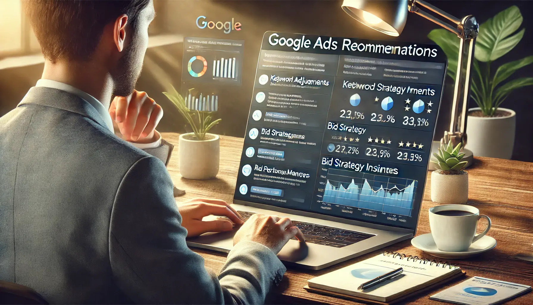 A business professional analyzing a laptop screen displaying Google Ads performance metrics and recommendations for campaign improvements.