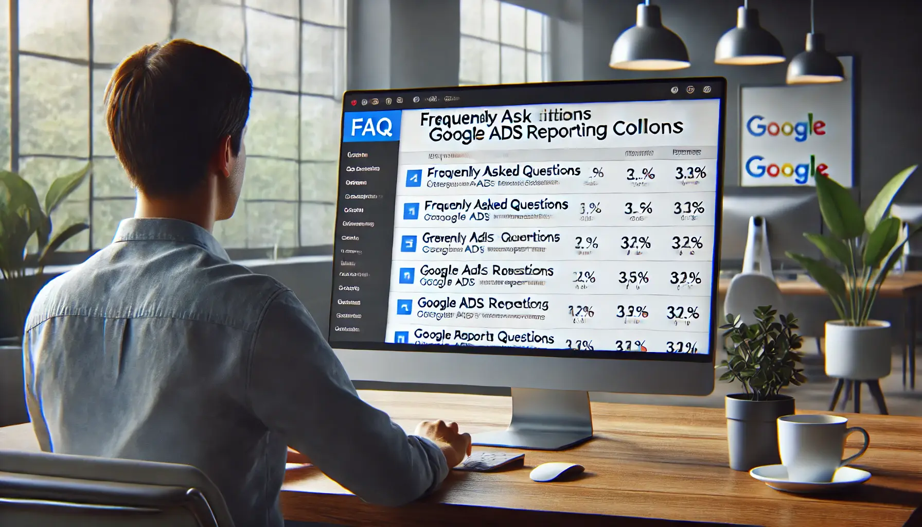 Digital marketer reviewing frequently asked questions about Google Ads reporting columns on a computer screen.