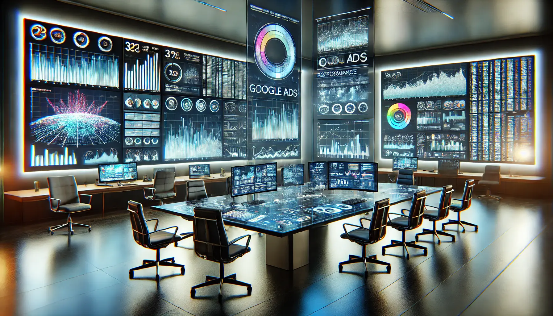 A high-tech workspace showcasing multiple digital screens with advanced analytics and performance graphs, representing innovations in Google Ads reporting.