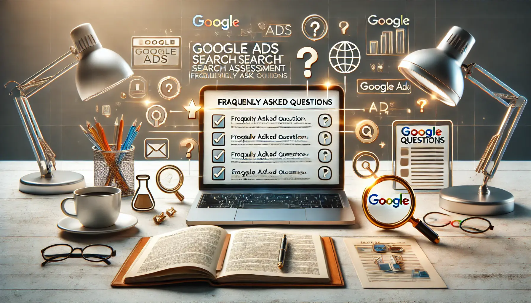 A professional workspace with a laptop displaying icons like question marks, checklists, and a magnifying glass, symbolizing frequently asked questions.