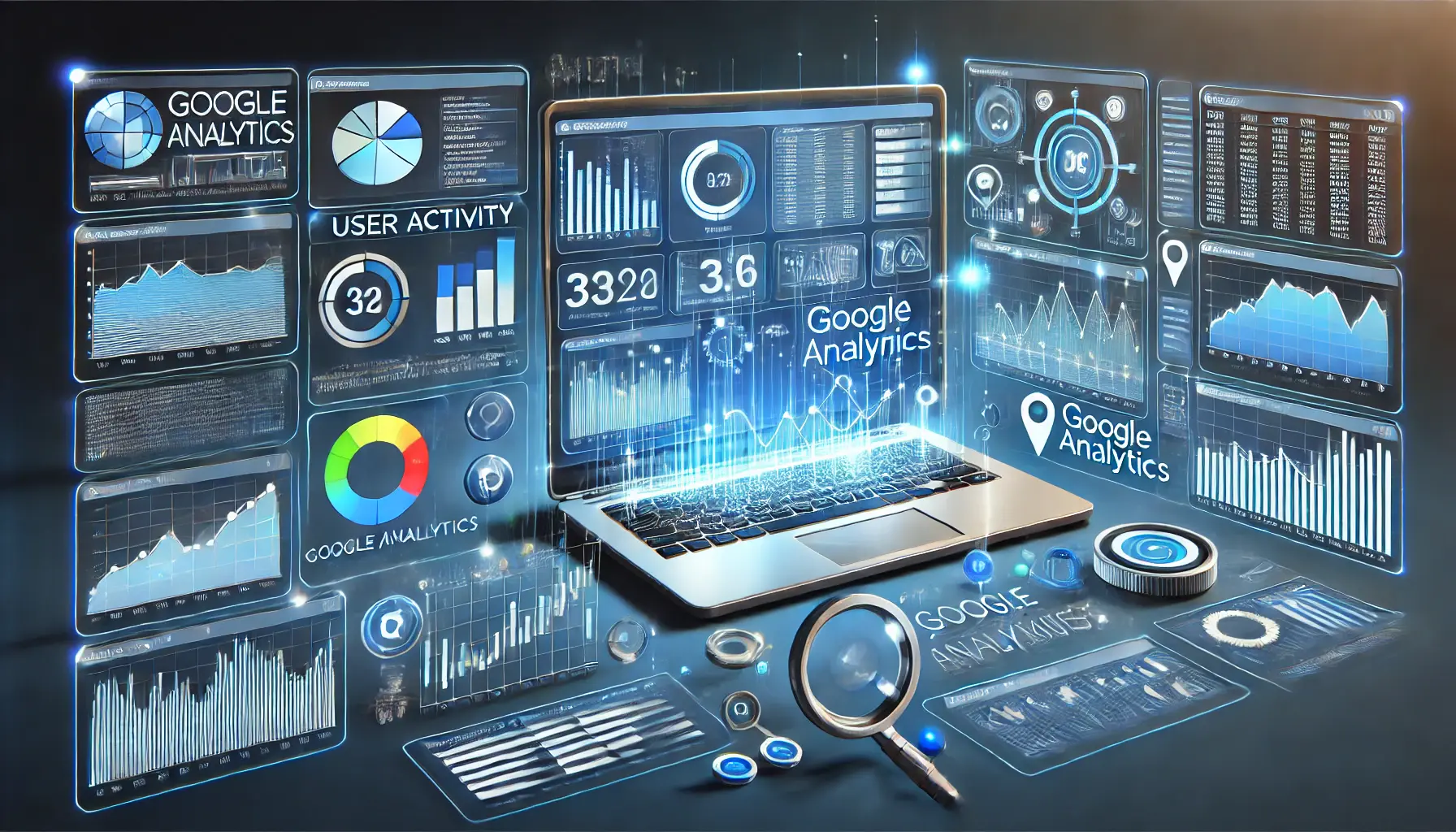 A digital marketing scene showing a dashboard with analytics charts, graphs, and data points representing performance tracking in Google Analytics.