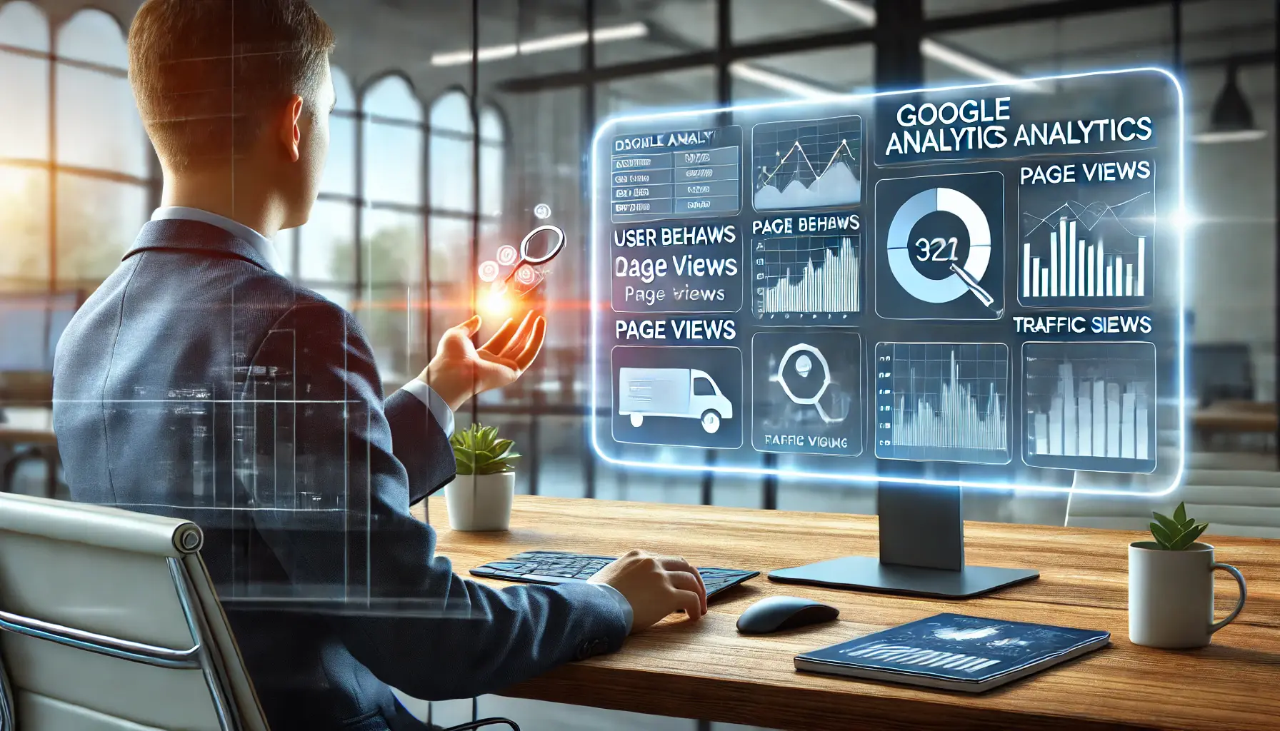 A digital marketer using Google Analytics to analyze website traffic data, showing metrics like user behavior, page views, and traffic sources in a modern office setting.