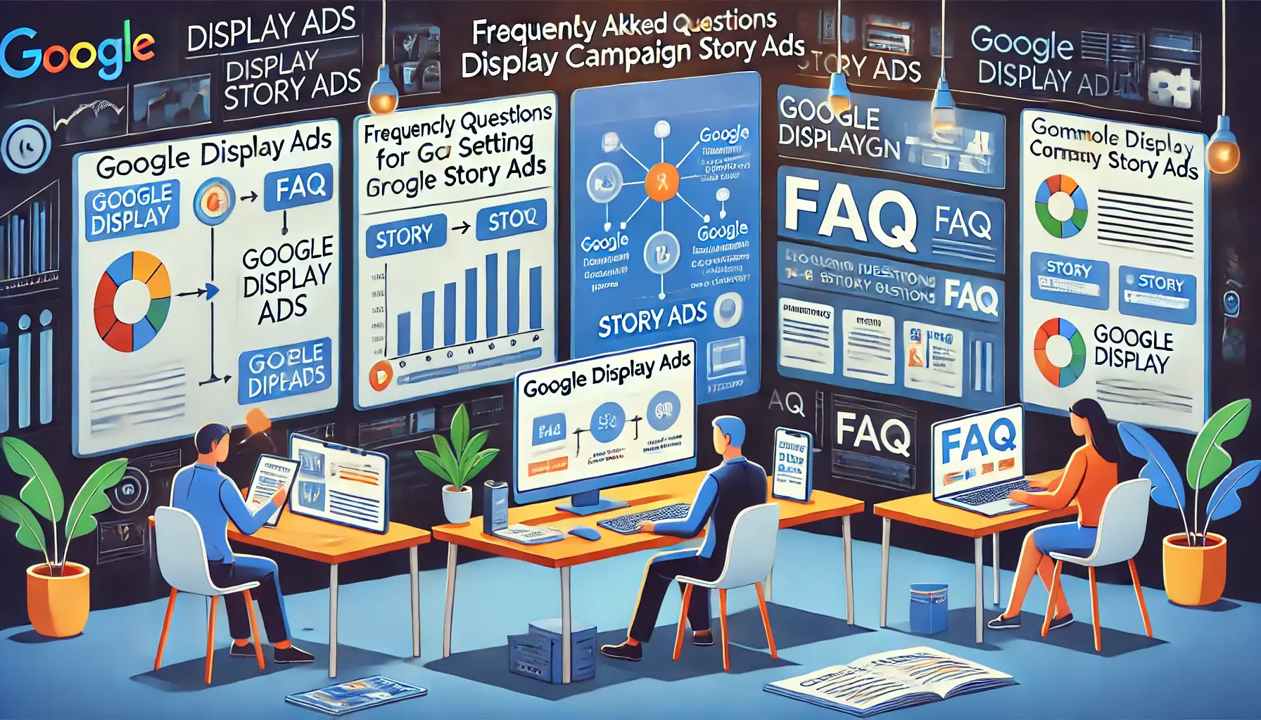 A digital marketing workspace with multiple screens displaying key information about Google Display campaign story ads, including a flowchart and FAQ section.