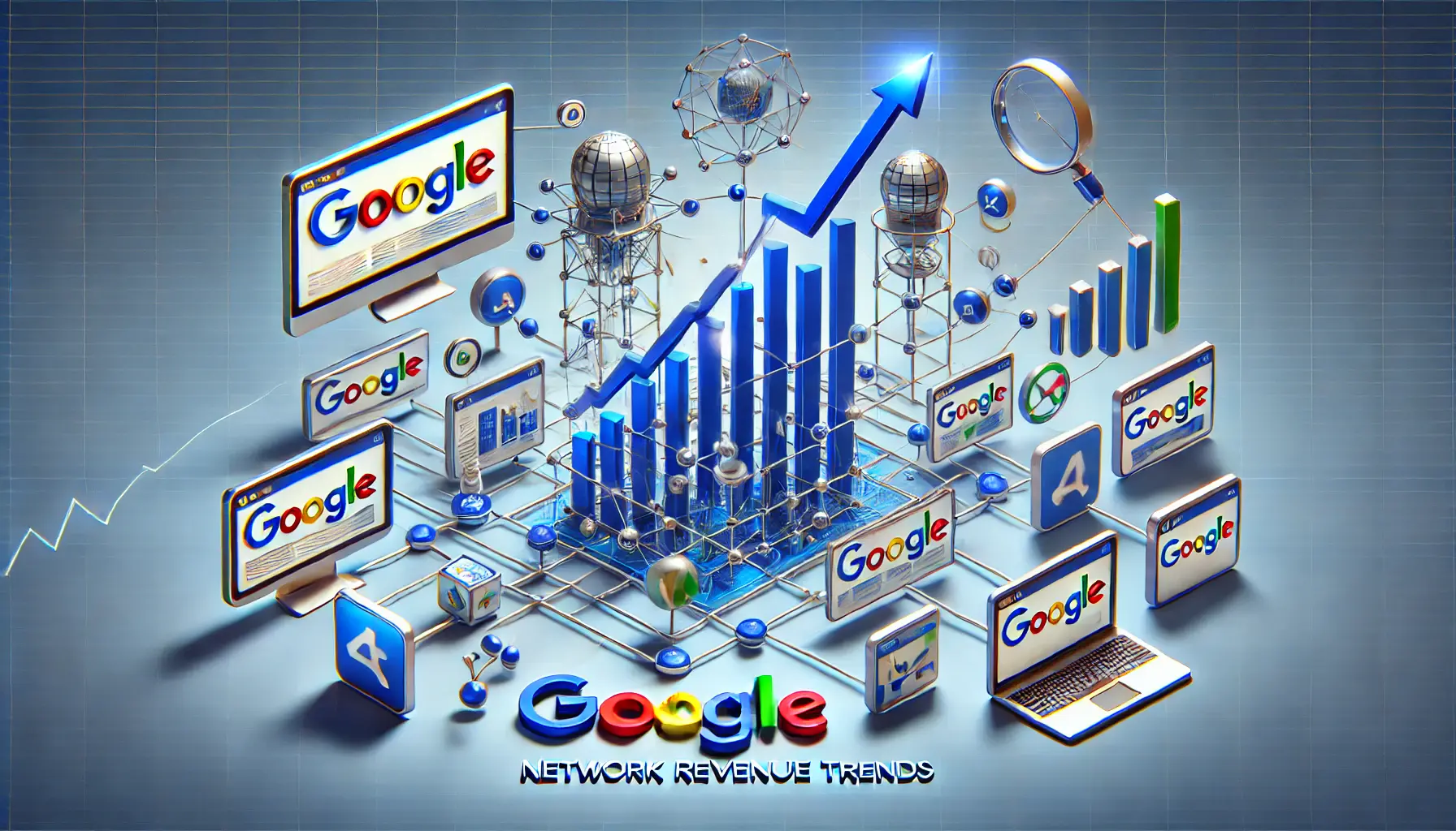 A professional and realistic representation of Google's Network Revenue trends, showing ads across various websites and apps, with graphical trends.