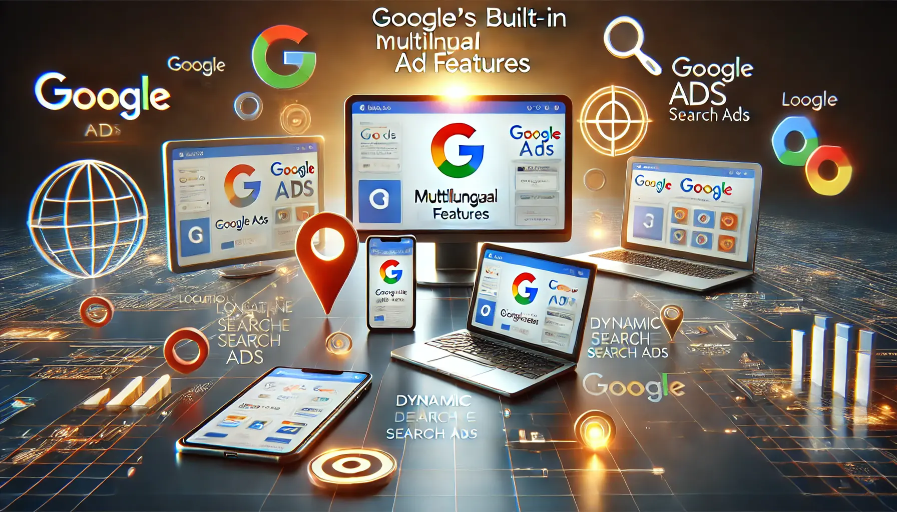 A depiction of devices displaying Google Ads interfaces with multilingual features like location targeting, language selection, and dynamic search ads.