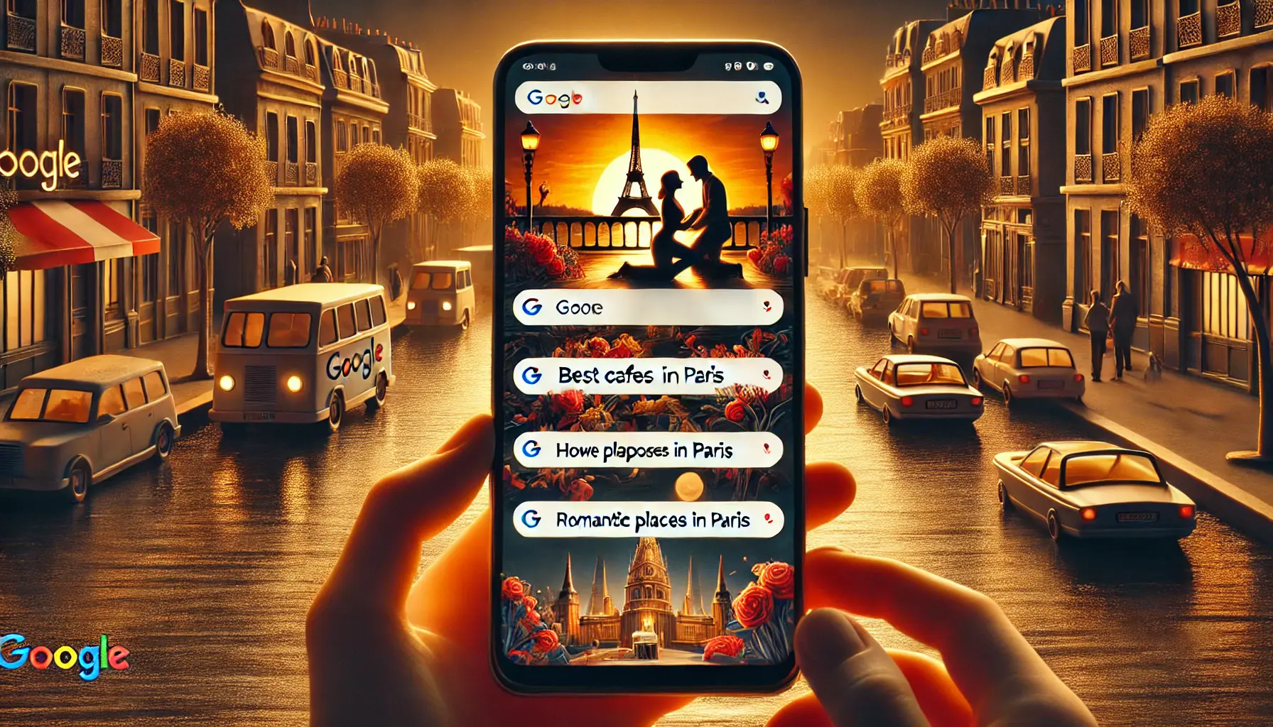 An image showing a mobile phone with search results depicting a love story in Paris, with iconic landmarks like the Eiffel Tower and the Seine River in the background.