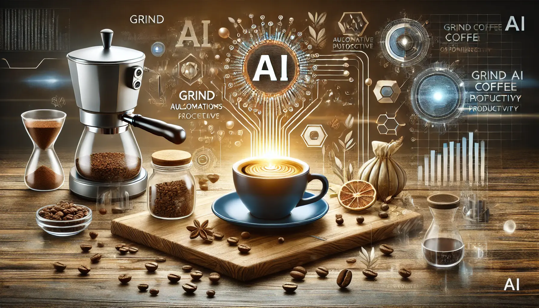 Illustration depicting Grind Coffee's use of AI to boost productivity, with elements like automated coffee-making processes and digital optimization.