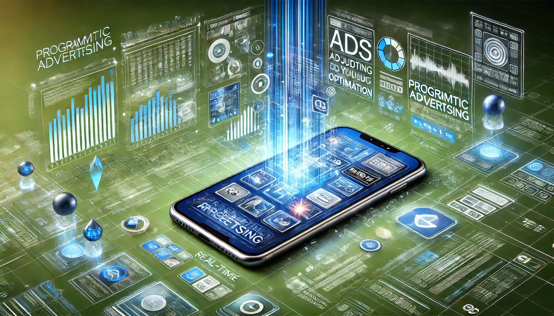 A mobile device surrounded by glowing data streams and algorithmic patterns representing programmatic advertising technology.