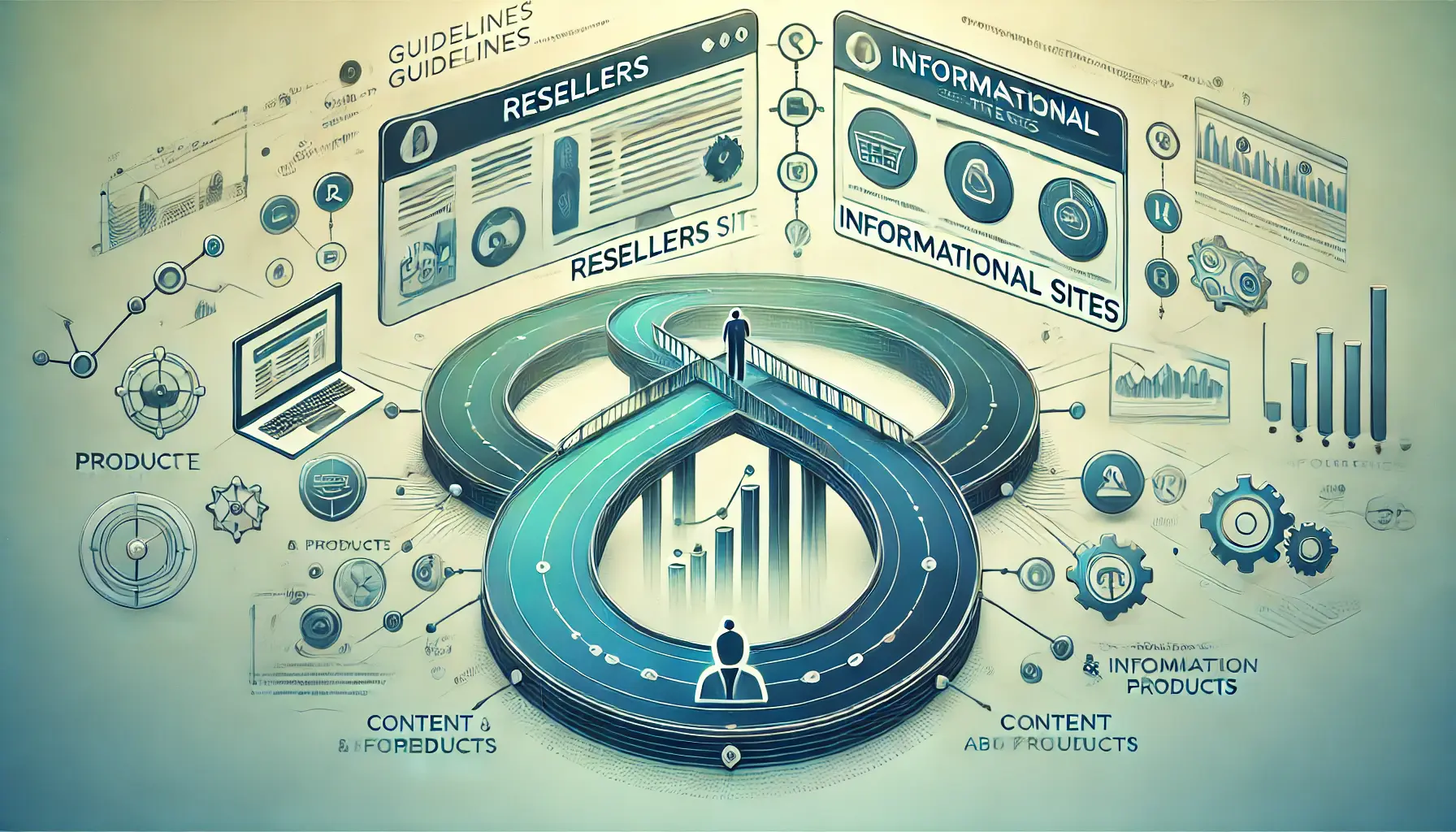 An abstract illustration showing resellers and informational sites in digital advertising, connected by a bridge.