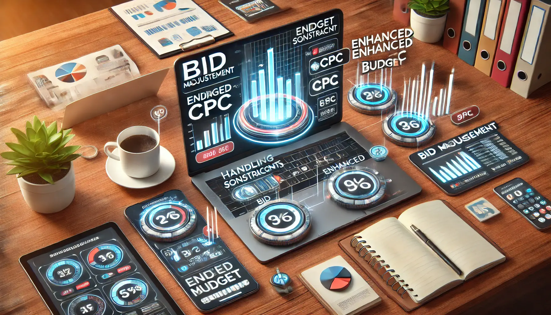 A digital marketing workspace with a laptop displaying a budget management dashboard, optimizing bid adjustments within a set budget.