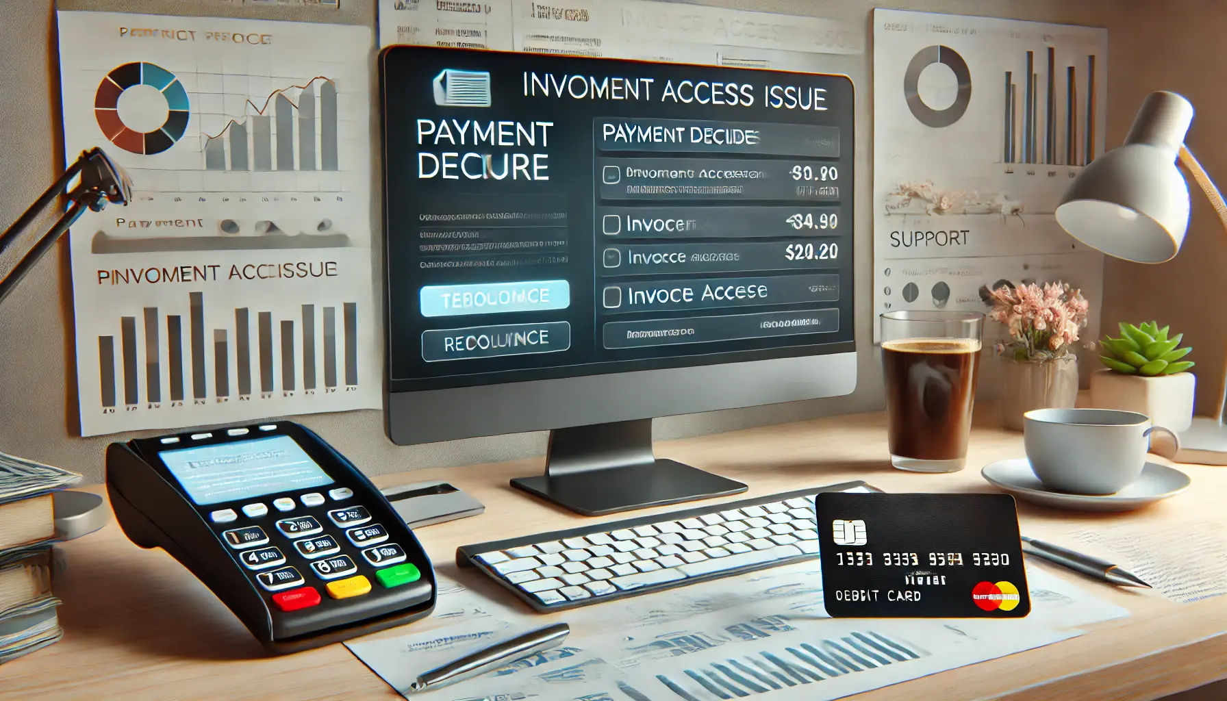 A workspace with a desktop screen displaying a payment failure error, a credit card, and a phone on the desk, symbolizing troubleshooting payment declines and invoice access issues.