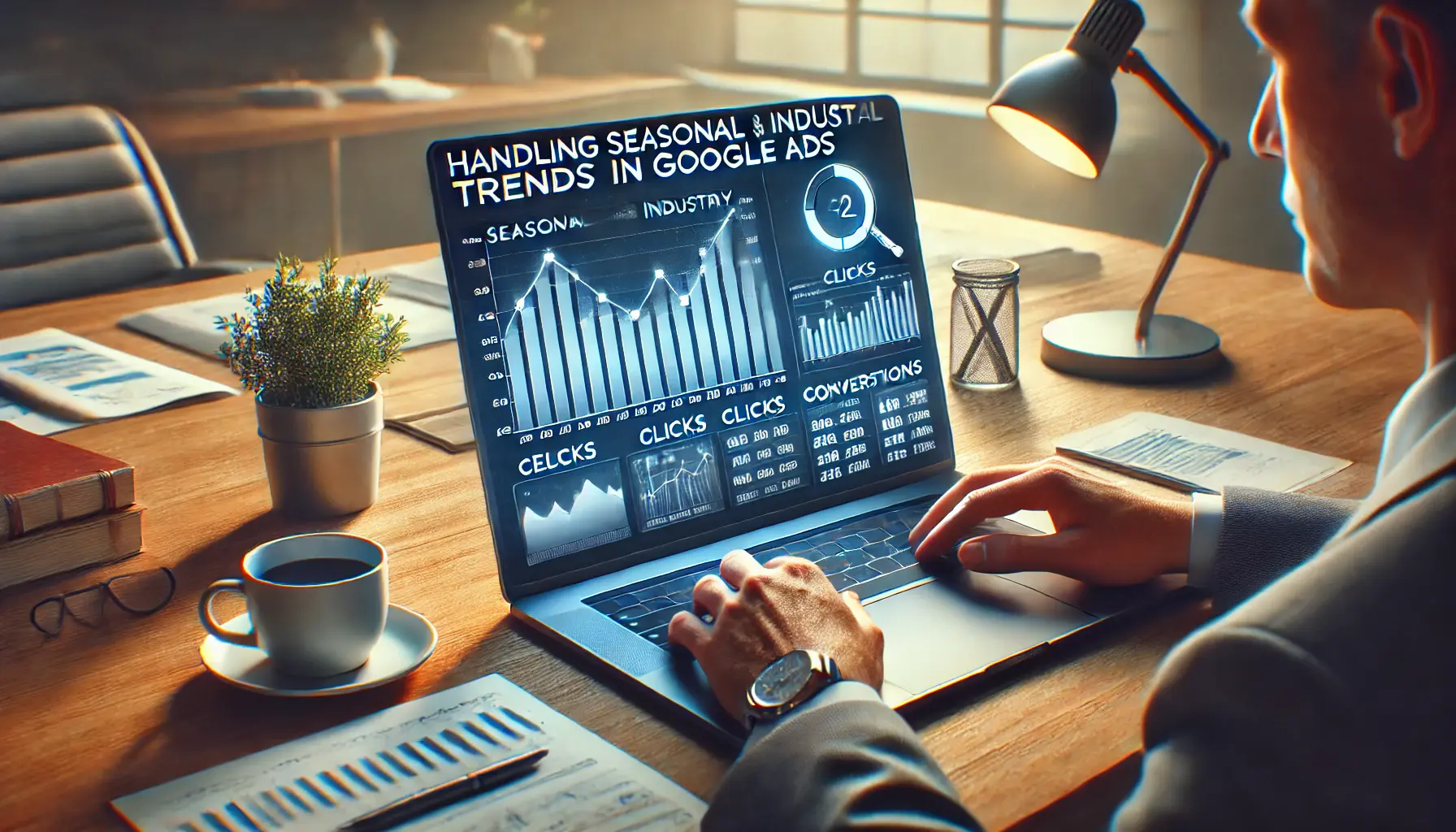 A business professional analyzing a laptop screen displaying graphs of seasonal fluctuations and industry trends in Google Ads performance.