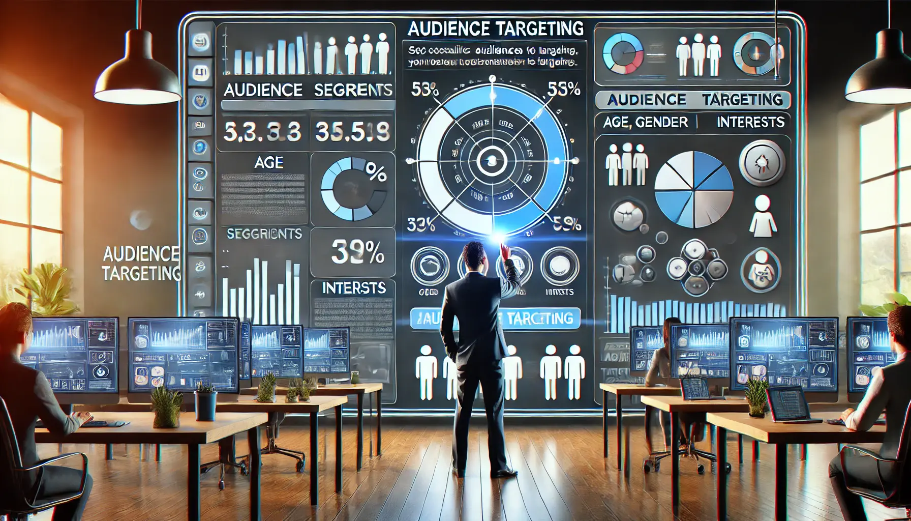 A marketer interacting with a digital dashboard displaying audience segments, demographic data, and targeting options.