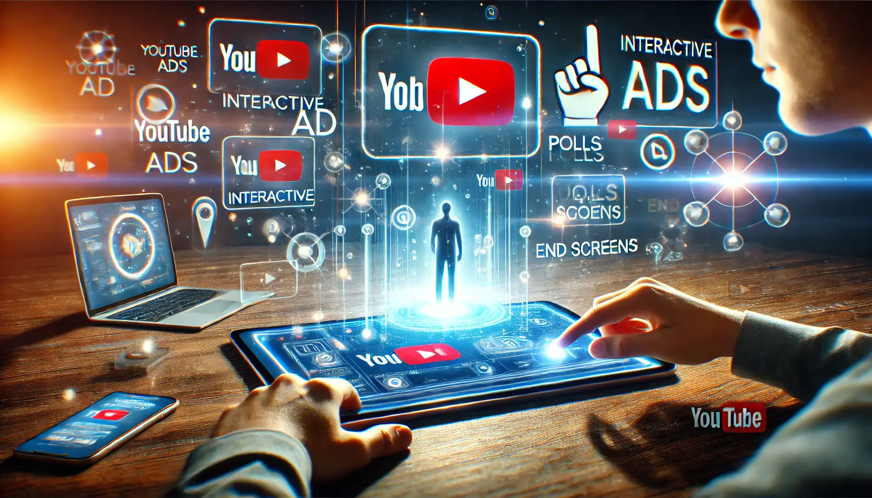 A viewer interacting with a YouTube ad interface featuring clickable buttons, polls, and end screens, in a dynamic digital environment.