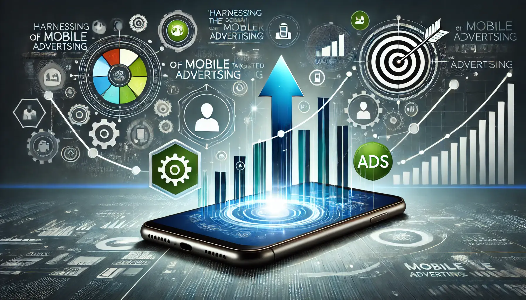 A smartphone with dynamic elements like app icons, ads, and growth arrows, symbolizing the power and optimization of mobile advertising.