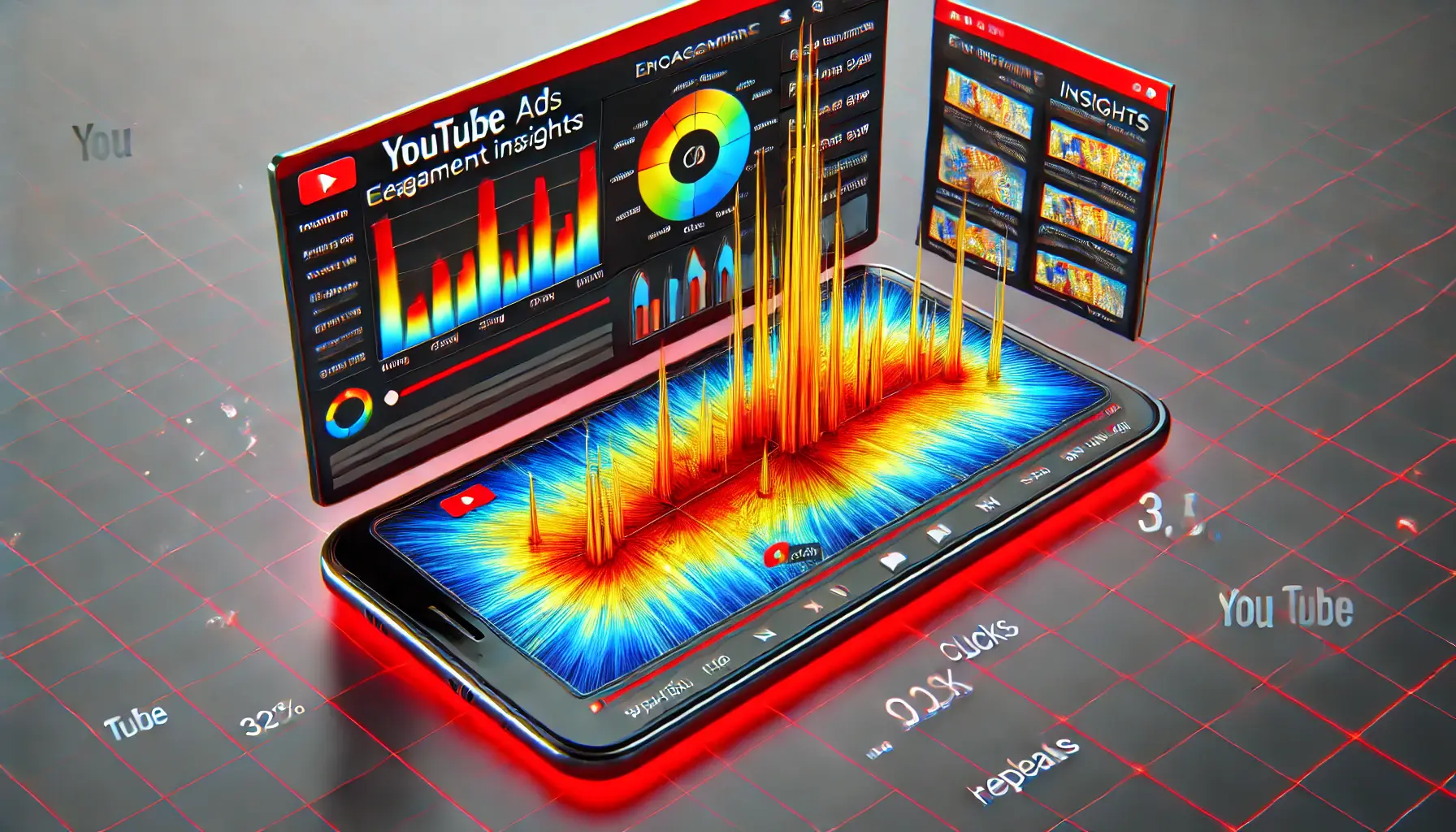 An illustration of a heatmap overlaid on a YouTube video player, showing areas of high viewer engagement with color gradients for clicks, pauses, and replays.