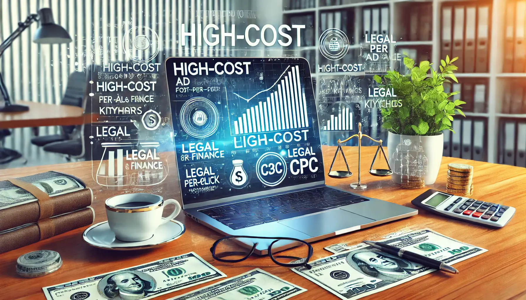 A digital marketing workspace showing high-cost ad metrics, with a laptop displaying a graph and surrounding elements like money symbols, legal documents, and financial icons.