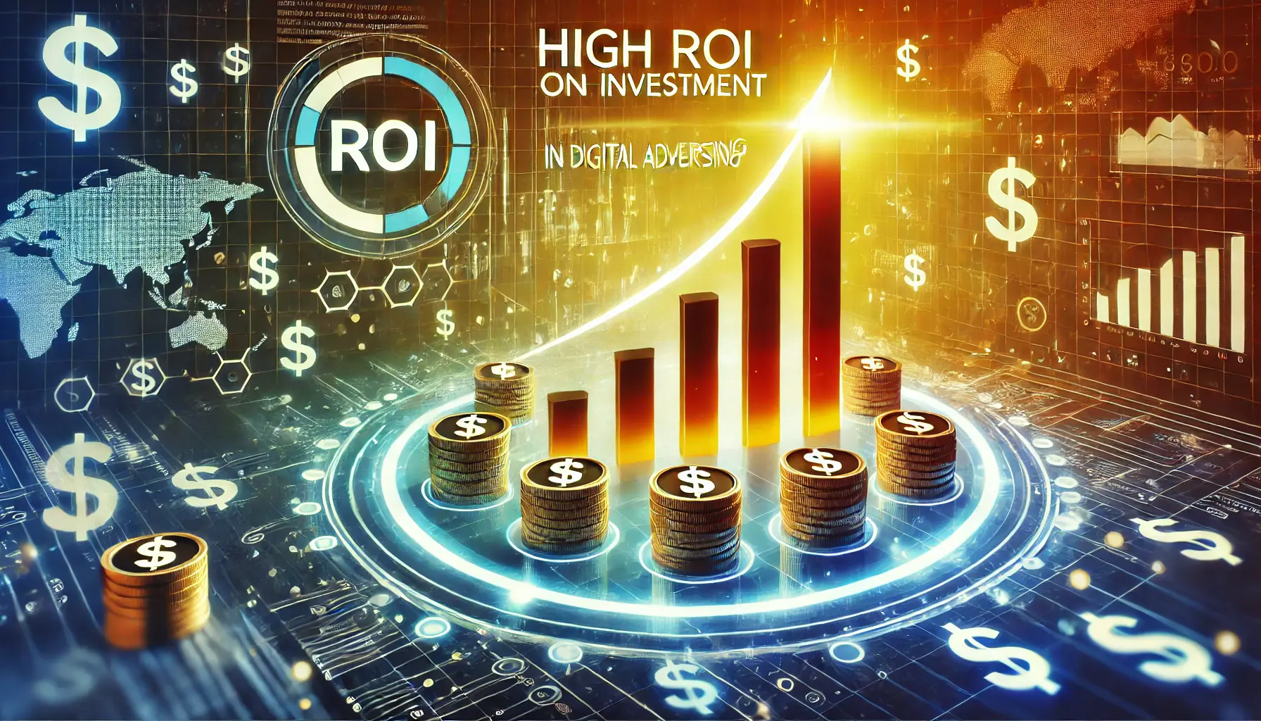 An image showing a digital dashboard with a rising graph and dollar signs or coins, symbolizing high return on investment (ROI) in digital advertising.