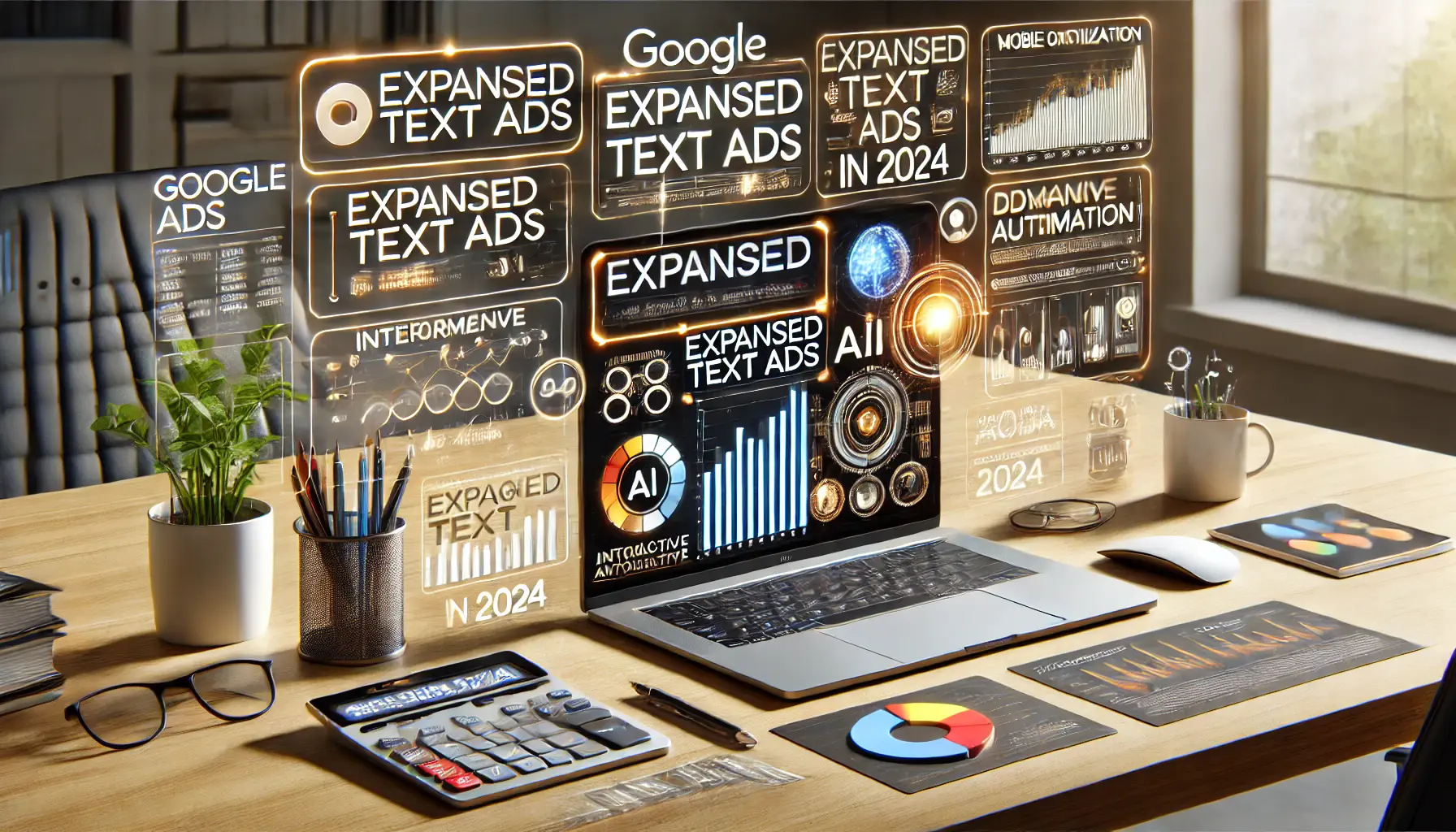 A digital marketing workspace showing key updates for Expanded Text Ads in 2024, with features like dynamic ad creation, AI analytics, and mobile optimization.