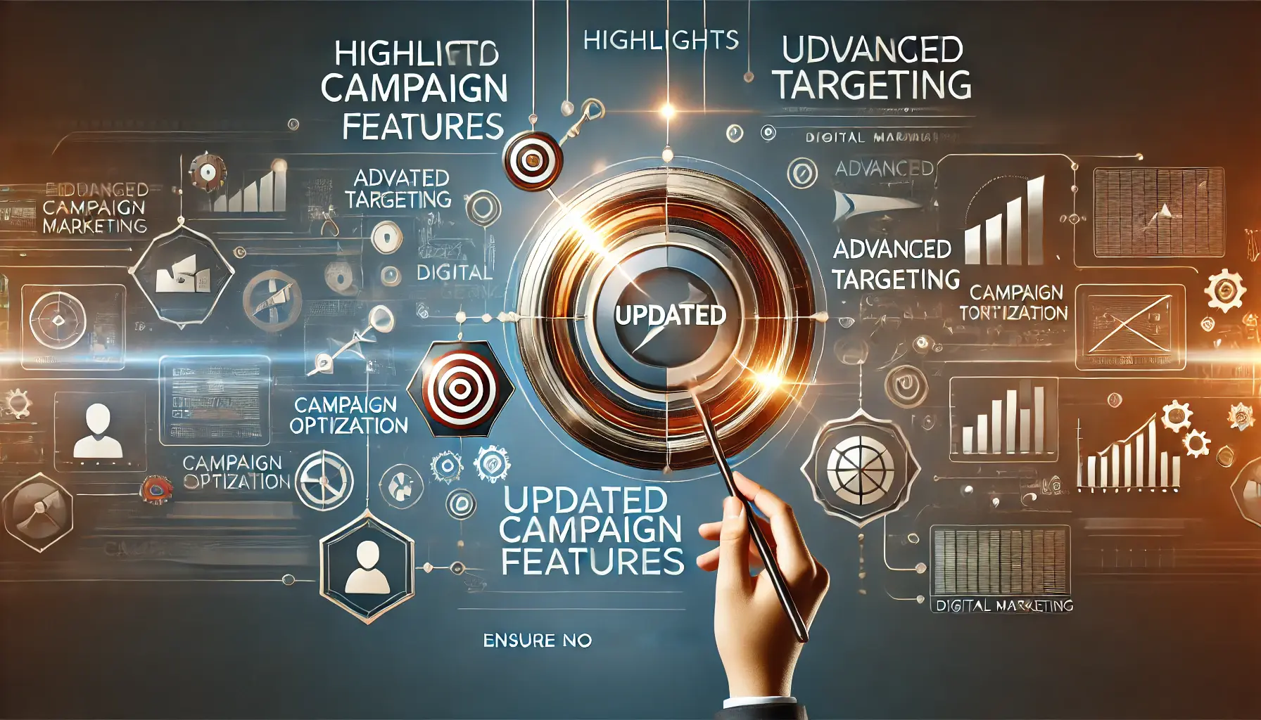 Abstract image symbolizing the highlights of updated campaign features, featuring digital tools, targeting icons, and optimization symbols.