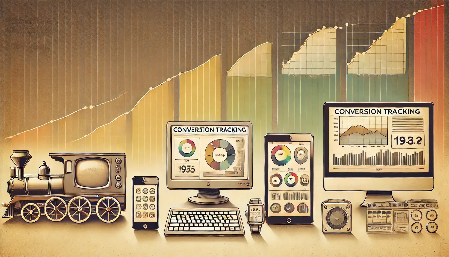 An artistic representation of the evolution of conversion tracking showing a timeline with early desktop computers and modern devices like smartphones and tablets, illustrating technological advancements.