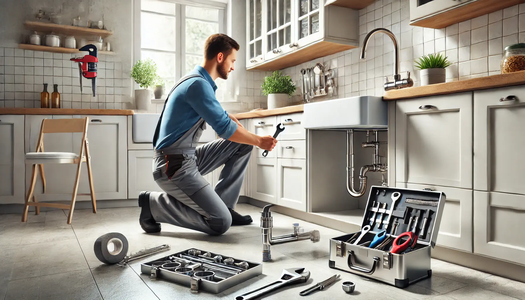 A professional plumber fixing a sink in a modern kitchen, showcasing tools and a clean workspace.