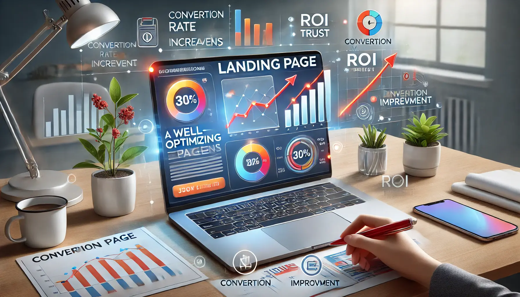 A laptop displaying a vibrant landing page with analytics graphs showing upward trends and icons for conversion rate and ROI.