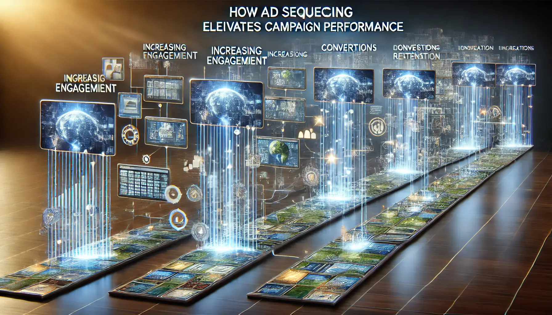 A dynamic illustration of how ad sequencing elevates campaign performance, with digital screens connected by glowing lines representing campaign aspects like engagement and conversions.